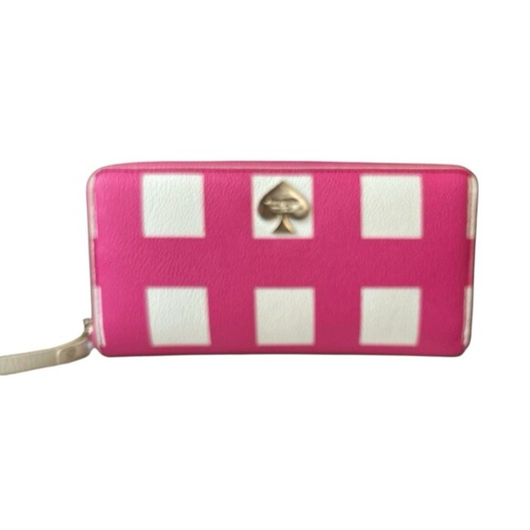 Kate Spade Women's Leather Wallet Pink White Checkered Zip Around 8 x 4" - Picture 1 of 4